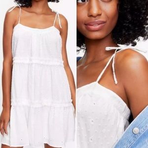 NWT LOFT Eyelet Ruffle Tiered Bow Strap Mini Dress White Size M